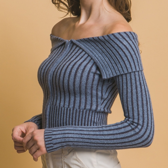 Zip-Me-Up Bardot Ribbed Top - Blue - Picture 5 of 10